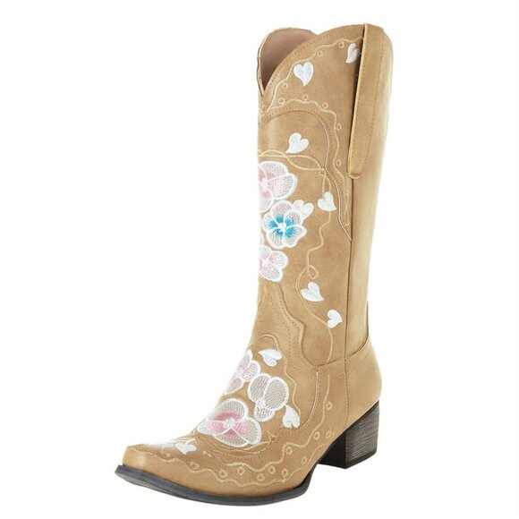 Exotic Floral Embroidered Beige Western Cowboy Boots - Size 6.6/7 - Picture 6 of 11